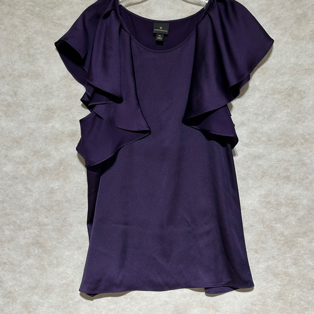 Worthington Women Purple Ruffle Shoulder Sleeveless Blouse XL Satin Finish Top